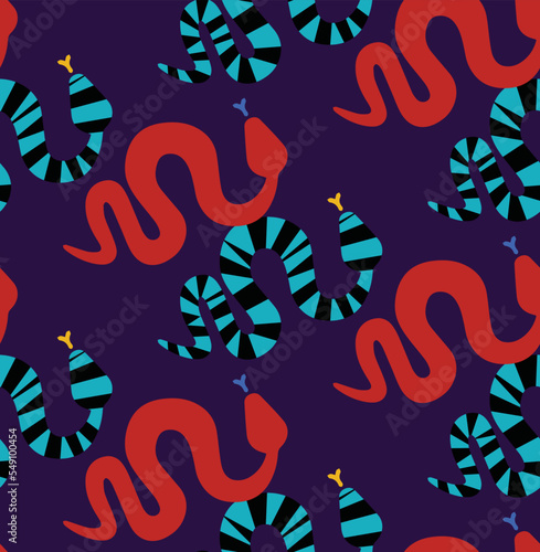 Colorful tropical snakes hand drawn vector illustration. Exotic jungle serpents seamless pattern for kids fabric or wallpaper.