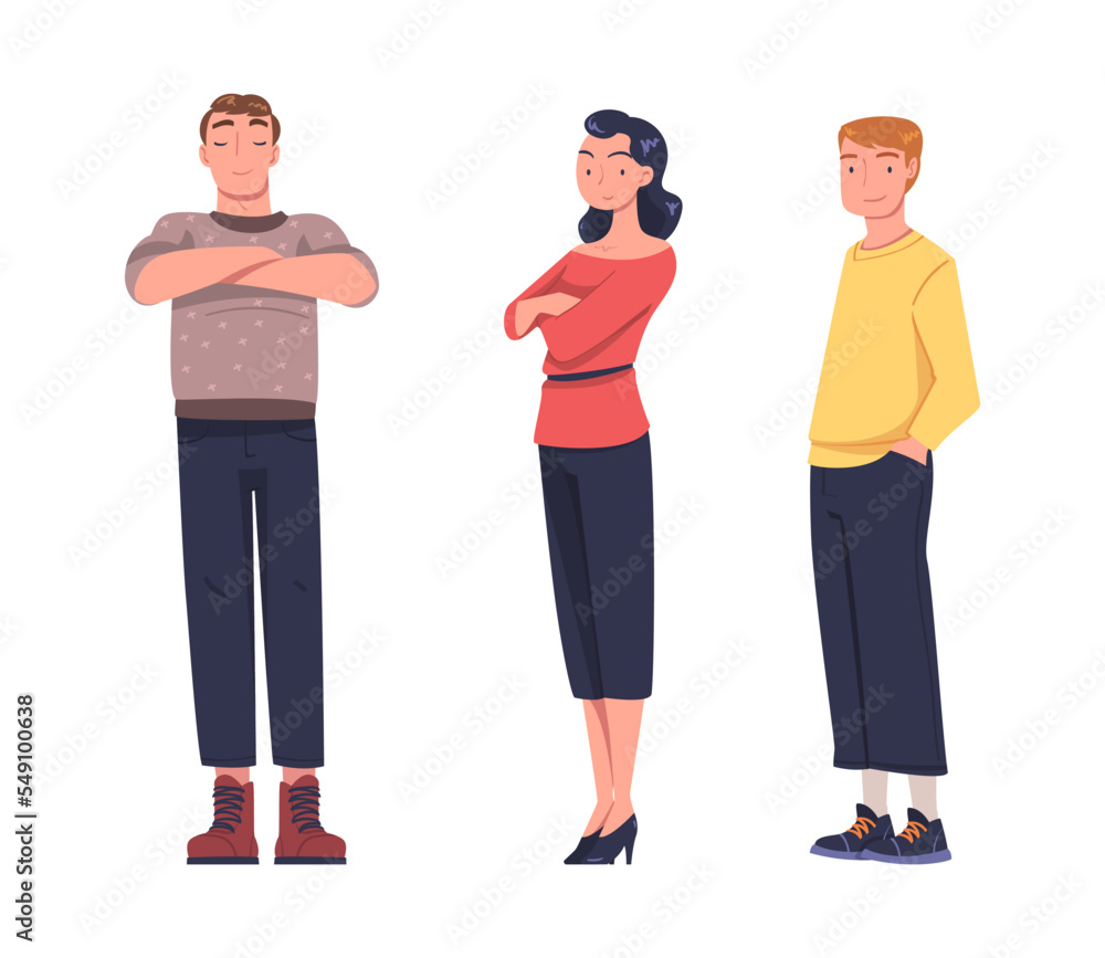 Fototapeta premium Young Smiling Man and Woman in Standing Pose with Satisfied Face Expression Vector Set