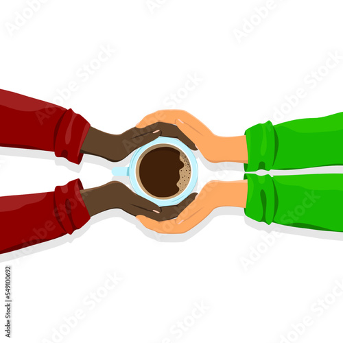 Hands hold a cup of hot coffee warming other hands.