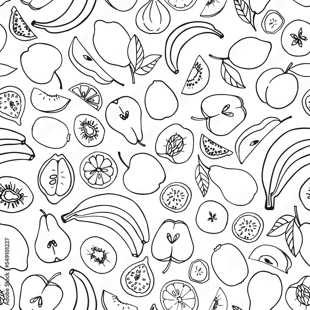 Seamless vector pattern on a white background. Doodle fruit Mix: Banana, Apple, Pear, Lemon, Peach, Fig, Kiwi. For paper, textile, gift wrapping, interior decoration, menu. Cartoon design..