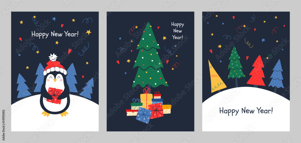 Set of Christmas cards with cute penguins and Christmas trees. Vector holiday collection. For digital design, gifts, postcrossing.