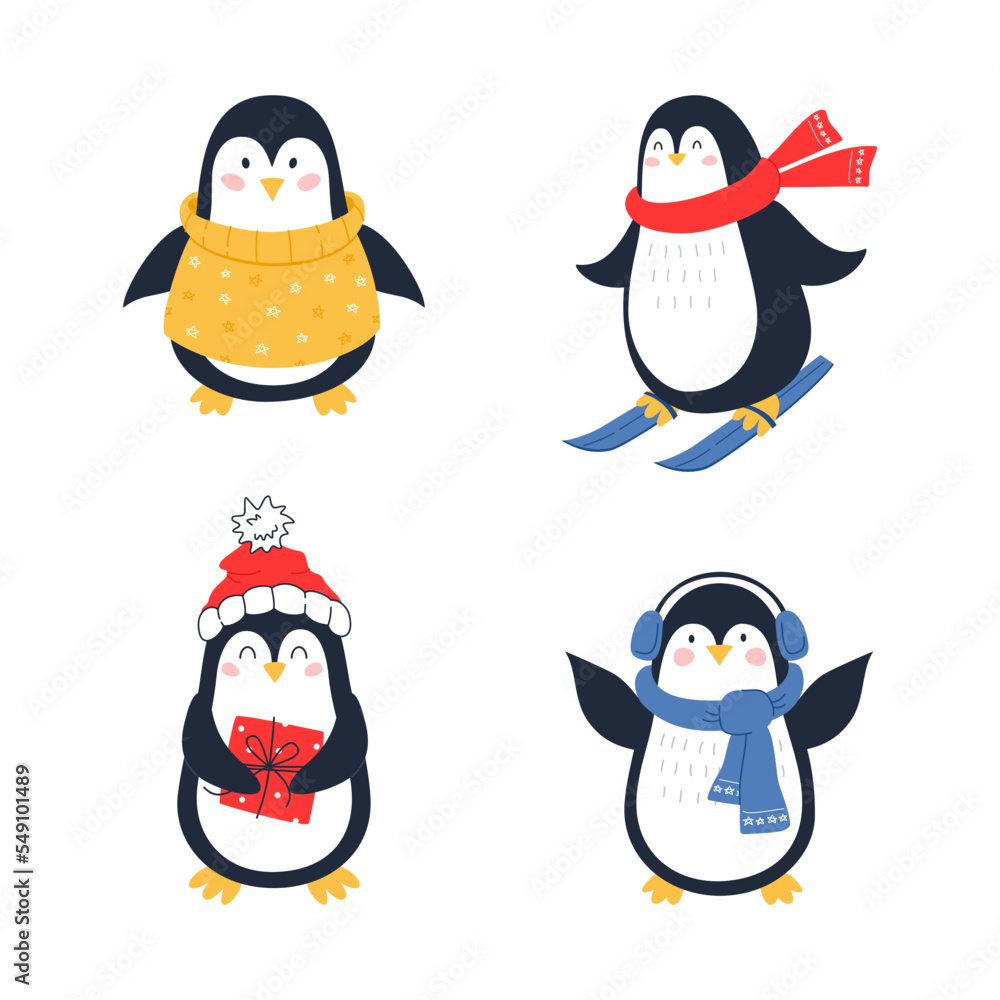 Fototapeta premium Set of cute penguins. Christmas vector illustration. For digital design, scrapbooking, clothes or mug print.