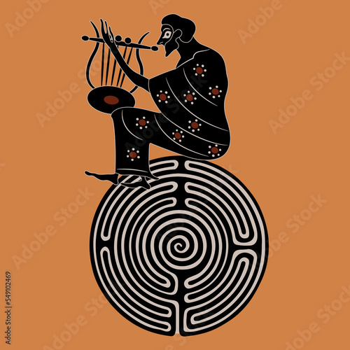 Ancient Greek man playing lyre on top of a round spiral maze or labyrinth symbol. Creative concept. photo