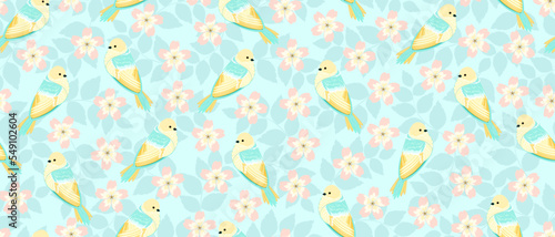 Horizontal, seamless pattern in delicate pastel colors with the image of wildflowers and birds on a background of leaf shadows. It is well suited for wallpaper, textiles, paper