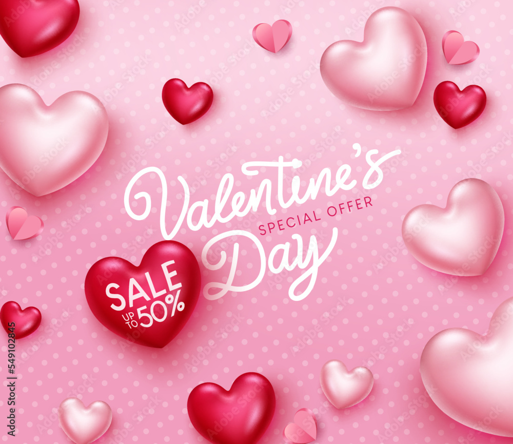 Valentine's day sale vector banner design. Happy valentine's day special offer text with hearts elements for seasonal promo discount flyers background. Vector Illustration.
