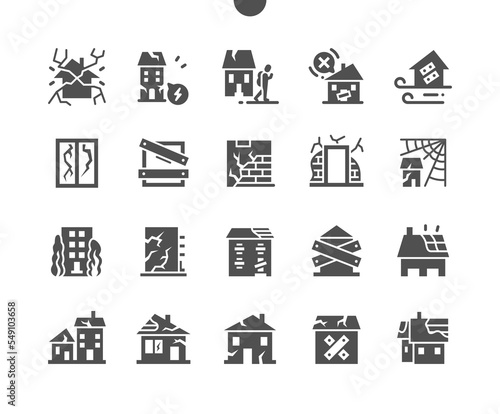 Abandoned houses. Building in disrepair. Broken windows. Roof in disrepair. Vector Solid Icons. Simple Pictogram