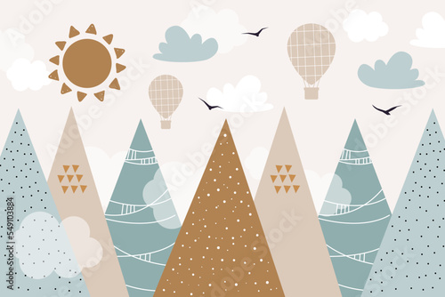 Fototapeta Naklejka Na Ścianę i Meble -  Vector hand drawn modern design of kids mountains. Mountains in doodle style. For children's wallpapers. Mountains, clouds, air balloon, sun and birds.