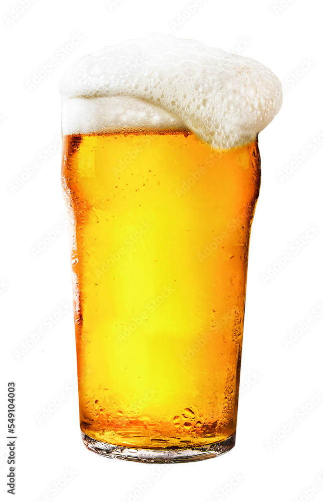 glass of lager beer with frothy foam isolated on transparent background - obrazy, fototapety, plakaty 