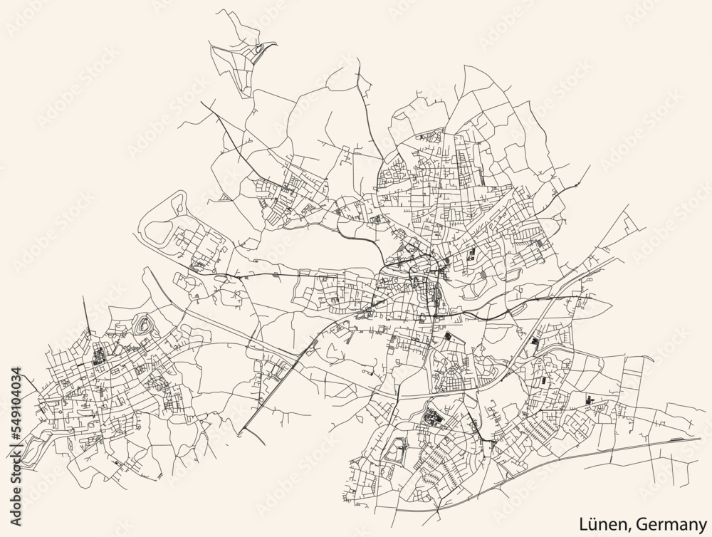 Detailed navigation black lines urban street roads map of the German regional capital city of LÜNEN, GERMANY on vintage beige background