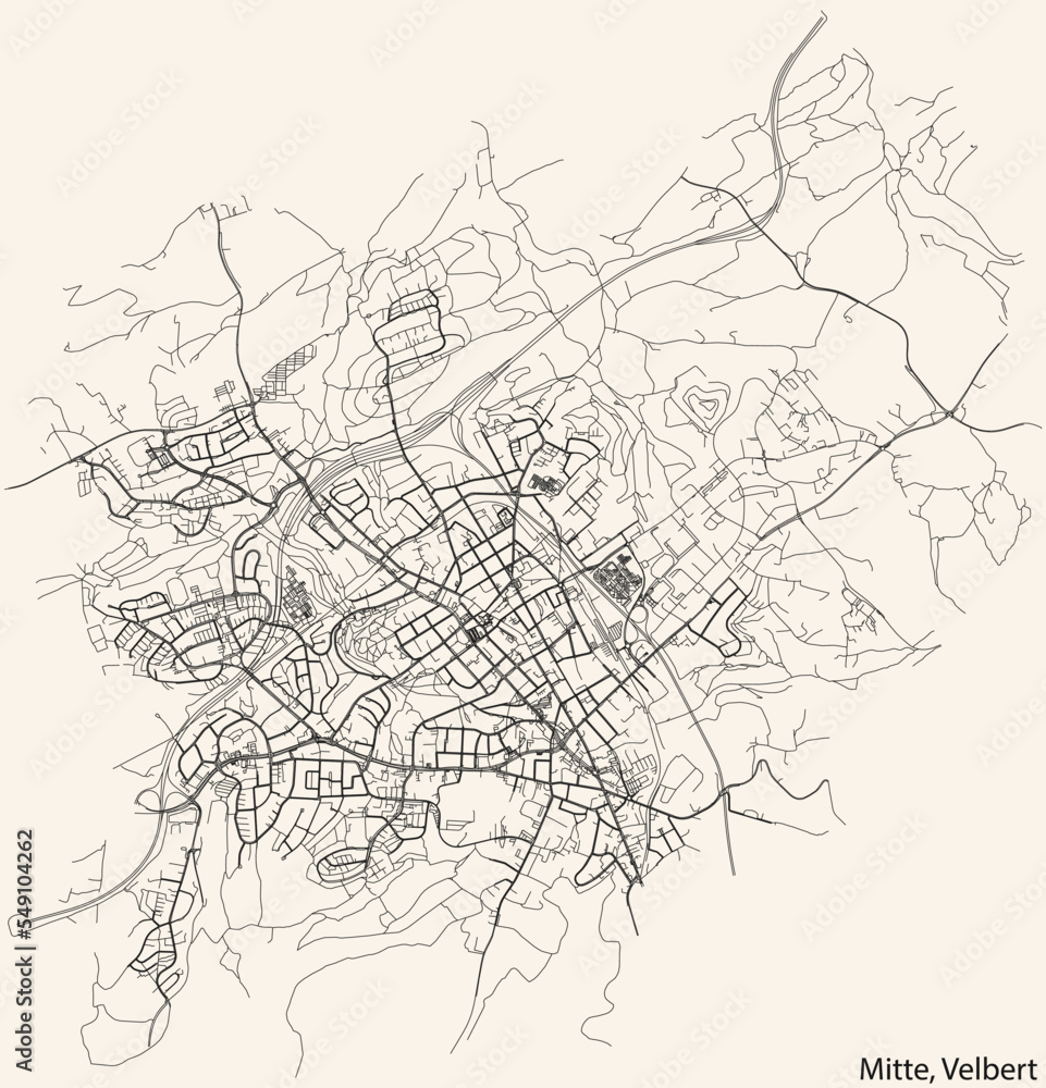 Detailed navigation black lines urban street roads map of the VELBERT-MITTE MUNICIPALITY of the German regional capital city of Velbert, Germany on vintage beige background