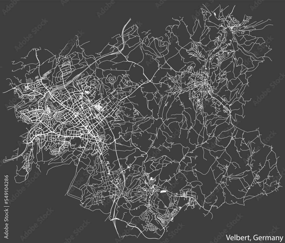 Detailed negative navigation white lines urban street roads map of the German regional capital city of VELBERT, GERMANY on dark gray background