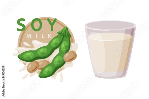 Green Soy Bean Pod and Glass with Milk as Natural and Organic Product from Soybean Plant Vector Set