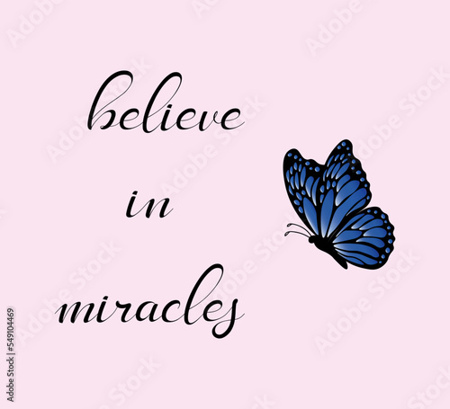 vector design with believe in miracles slogan and butterfly on pink background