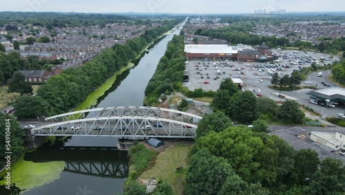 Aerial view of algal bloom on the Manchester Ship Canal with a swing bridge photo