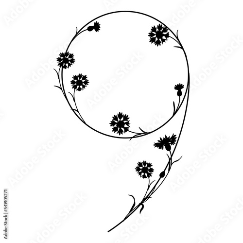 Number nine with cornflower branches. Floral font. Digit 9. Black silhouette on white background.