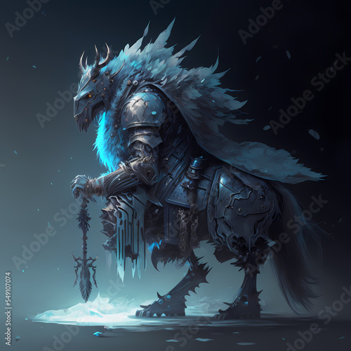 fantasy concept art of an ice Knight Horse holding a Sword in Armor. Full Portrait. Snow Landscape Dark Background. 