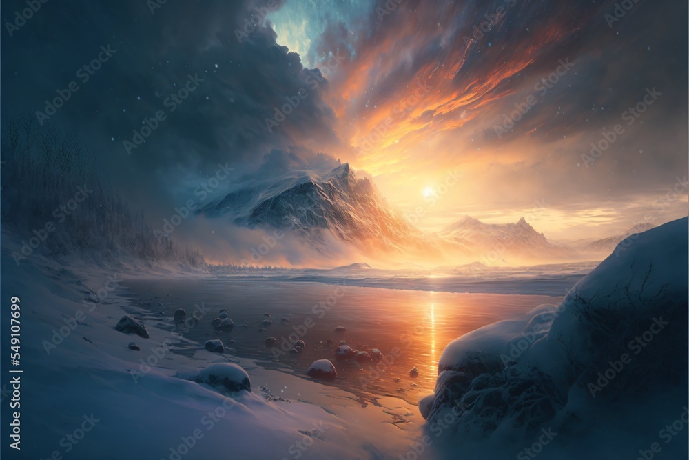 Beautiful fantasy winter landscape mountains in the distance with sunrise