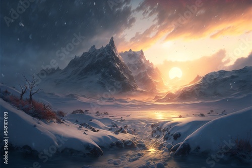 Beautiful fantasy winter landscape mountains in the distance with sunrise