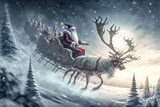Surrealer Weihnachtsmann mit Rentieren und Schlitten fliegt zur Bescherung Abstrakt Illustration AI Digital Art Humor Cartoon Backdrop Hintergrund Karte Card