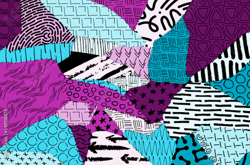 Abstract black strokes, Hand sketched Vector Pattern. Retro abstract pattern in geometric style. Abstract multicolored geometric pattern.	
