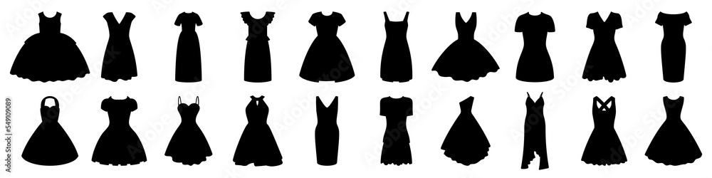 Women dress icon. Black dress icons set. Female fashion concept. Vector illustration. Women dress icon. Black dress icons set. Female fashion concept. Vector illustration.