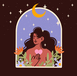 Mujer latina con el corazón en la mano rodeada de flores saliendo por la ventana en la noche