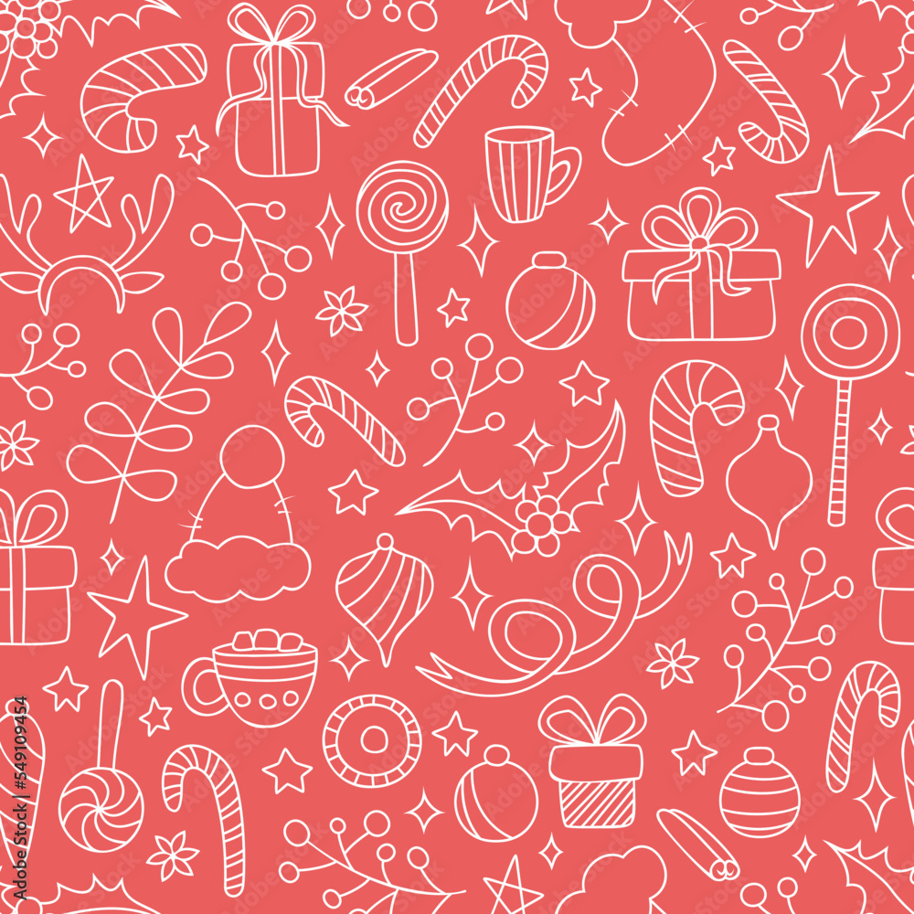 Vector seamless pattern with hand drawn elements. Cute design for Christmas wrappings, textile, wallpaper and backgrounds. Vector seamless pattern with hand drawn elements. Cute design for Christmas wrappings, textile, wallpaper and backgrounds.