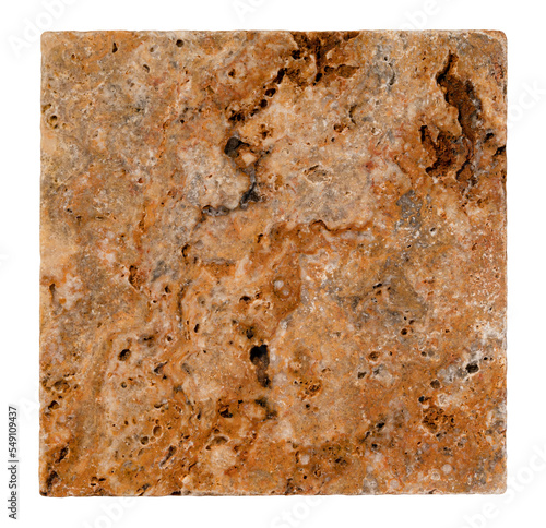 Natural Travertine Scabos tile isolated on white. Ready for clipping path. photo