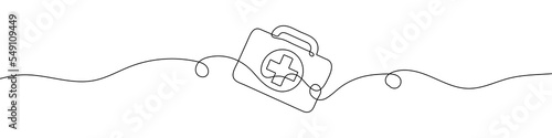Continuous line drawing of first aid kit. Line art of first aid kit. One line drawing background. Vector illustration.