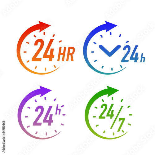 24 hours timer vector symbol gradient color style isolated on white background. Clock, stopwatch, cooking time label. 10 eps