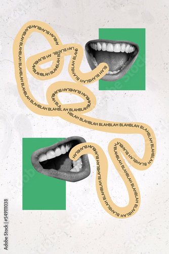 Vertical collage picture of two human speaking mouth black white gamma say tell bla blah isolated on painted background photo