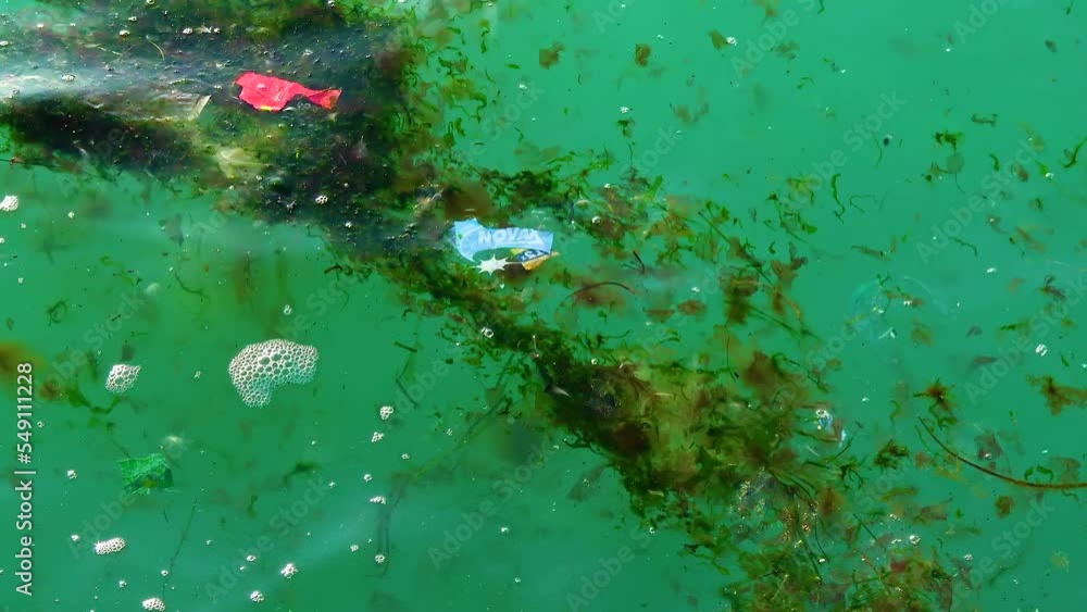 UKRAINE, BLACK SEA - MAY 02, 2017: Plastic debris in the water, killing wildlife. Plastic garbage and other debris floating underwater. Black Sea UKRAINE, BLACK SEA - MAY 02, 2017: Plastic debris in the water, killing wildlife. Plastic garbage and other debris floating underwater. Black Sea