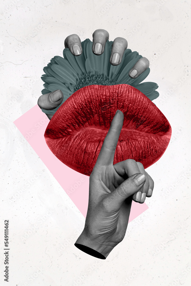 Creative 3d collage artwork flyer sketch of black white body part red lips lipstick isolated on drawing background - obrazy, fototapety, plakaty 
