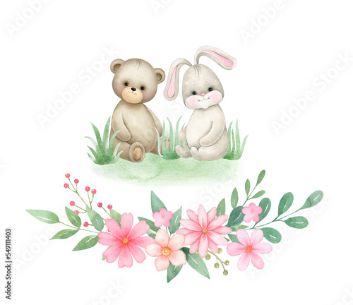 Teddy bear,bunny,pink floral bouquet..Watercolor hand painted illustrations for baby shower isolated on white background . © Lora