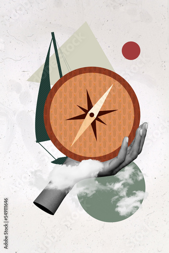 Fotografía Creative 3d photo artwork graphics collage of hand holding old compass sail adve