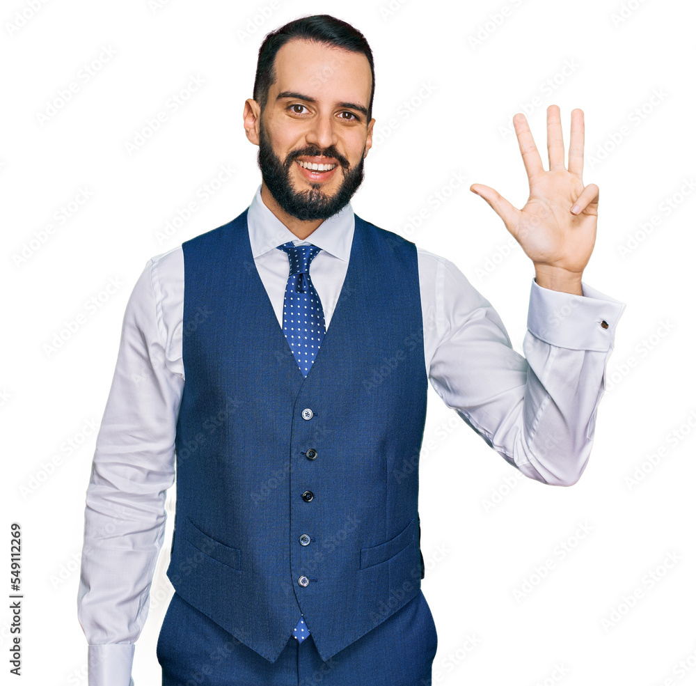 Young man with beard wearing business vest showing and pointing up with fingers number four while smiling confident and happy. Young man with beard wearing business vest showing and pointing up with fingers number four while smiling confident and happy.