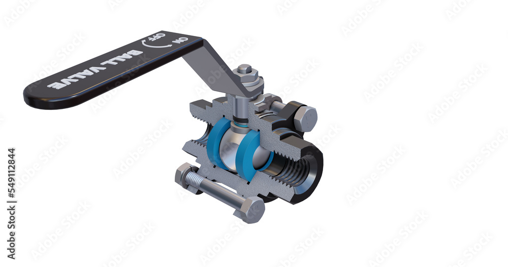 A cut out ball valve in an open position showing the internal seals, valve stem, and lever. The cross-section shows the bonnet, gaskets and body as well. A cut out ball valve in an open position showing the internal seals, valve stem, and lever. The cross-section shows the bonnet, gaskets and body as well.