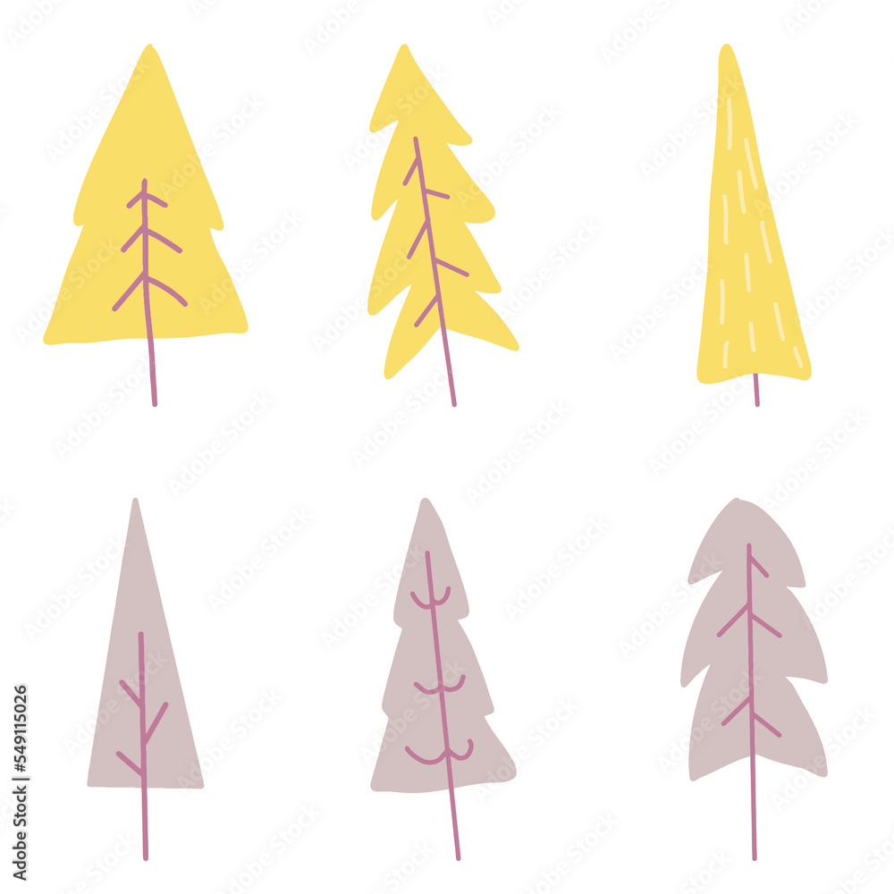 Christmas tree icon. Set of cute fir tree icons on white background. Vector illustration. Holiday hand drawn icons