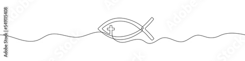 Christian fish line background. One continuous line drawing of religious fish. Vector illustration. Christian religion symbol