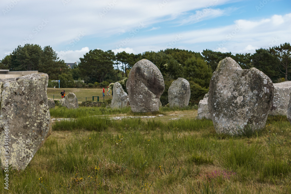 Miles long megalithic stones alignment on green meadow in Carnac, Brittany, France Miles long megalithic stones alignment on green meadow in Carnac, Brittany, France