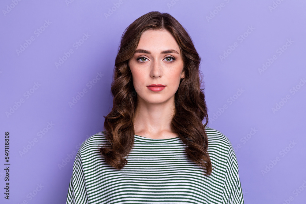 Fototapeta premium Closeup portrait photo of young pretty lady wear striped pullover curly hair nice person look you vacancy worker isolated on violet color background
