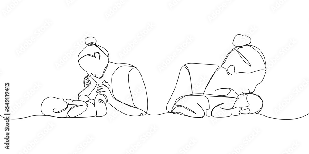 Set of mother with newborn one line art. Continuous line drawing of newborn, motherhood, family, love, child, care. Set of mother with newborn one line art. Continuous line drawing of newborn, motherhood, family, love, child, care.