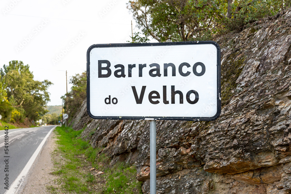 Obraz premium village entry sign at Barranco do Velho, municipality of Loulé, district of Faro, Algarve, Portugal