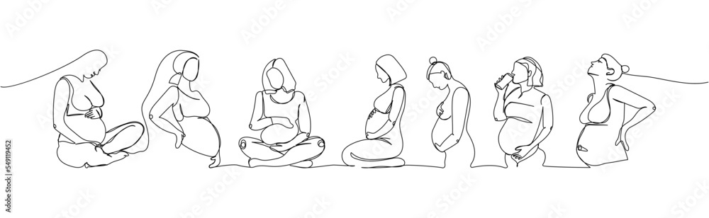 Pregnant women in different positions one line art. Continuous line drawing of pregnancy, motherhood, fitness, preparation for childbirth, yoga for pregnant women. Pregnant women in different positions one line art. Continuous line drawing of pregnancy, motherhood, fitness, preparation for childbirth, yoga for pregnant women.