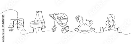 Set of baby stroller, baby carrier, bed, mobile and horse toy one line art. Continuous line drawing of childhood, safety, protection, crib, children s sleep, sleep, relaxation, recreation.