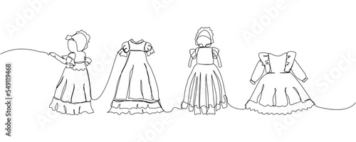 Set of baby christening dresses one line art. Continuous line drawing of child, childhood, play, boy, girl, clothing, dress, dress up, celebration, christening clothes, dress, bonnet
