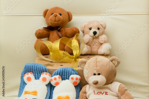 Teddy bears with a gift. Birthday and Christmas. Holidays and toys © fotogray71
