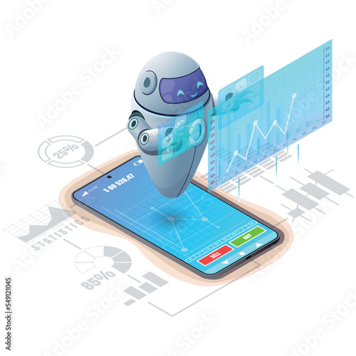 vector isometric 3d robot, online service trading bot, the assistant robot in with smartphone, illustration on white background