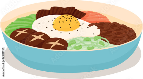 Bibimbap Korean Traditional Food. Rice Mixed with Various Ingredients in Blue Bowl