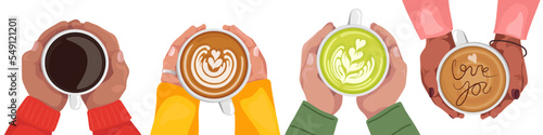 Banner made with woman and man hands holding coffee cups. Matcha latte. Cappuccino crema of heart shape. Top view. Flat cartoon vector illustration. Valentines day concept. Love you. Isolated.